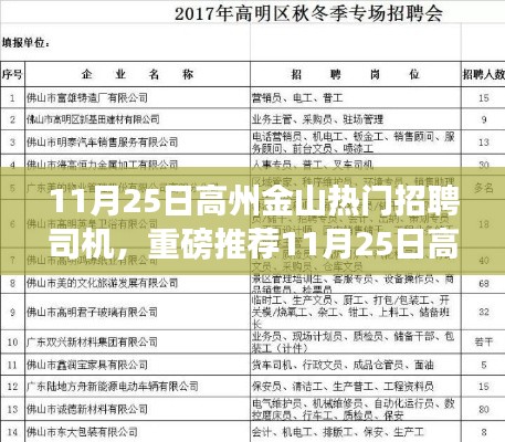 11月25日高州金山热门招聘司机,重磅推荐11月25日高州金山热门招聘司机,开启你的职业新征程!